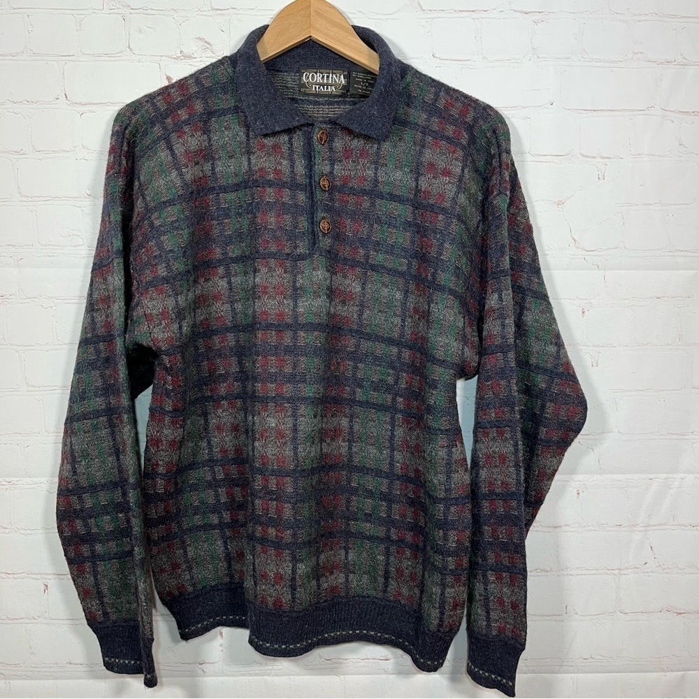 VTG Cortina Italia Sweater Mens Large Multicolor 3 Button Pullover Wool Blend